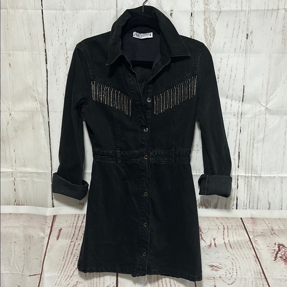 Black Denim Dress with Studded Detail zara small